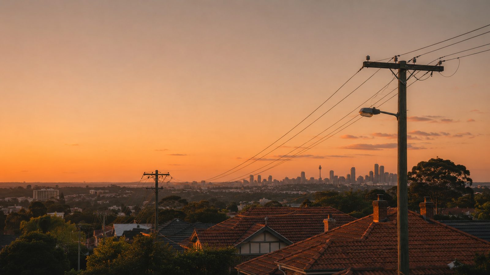 Sydney suburban rooftops and power lines at golden hour