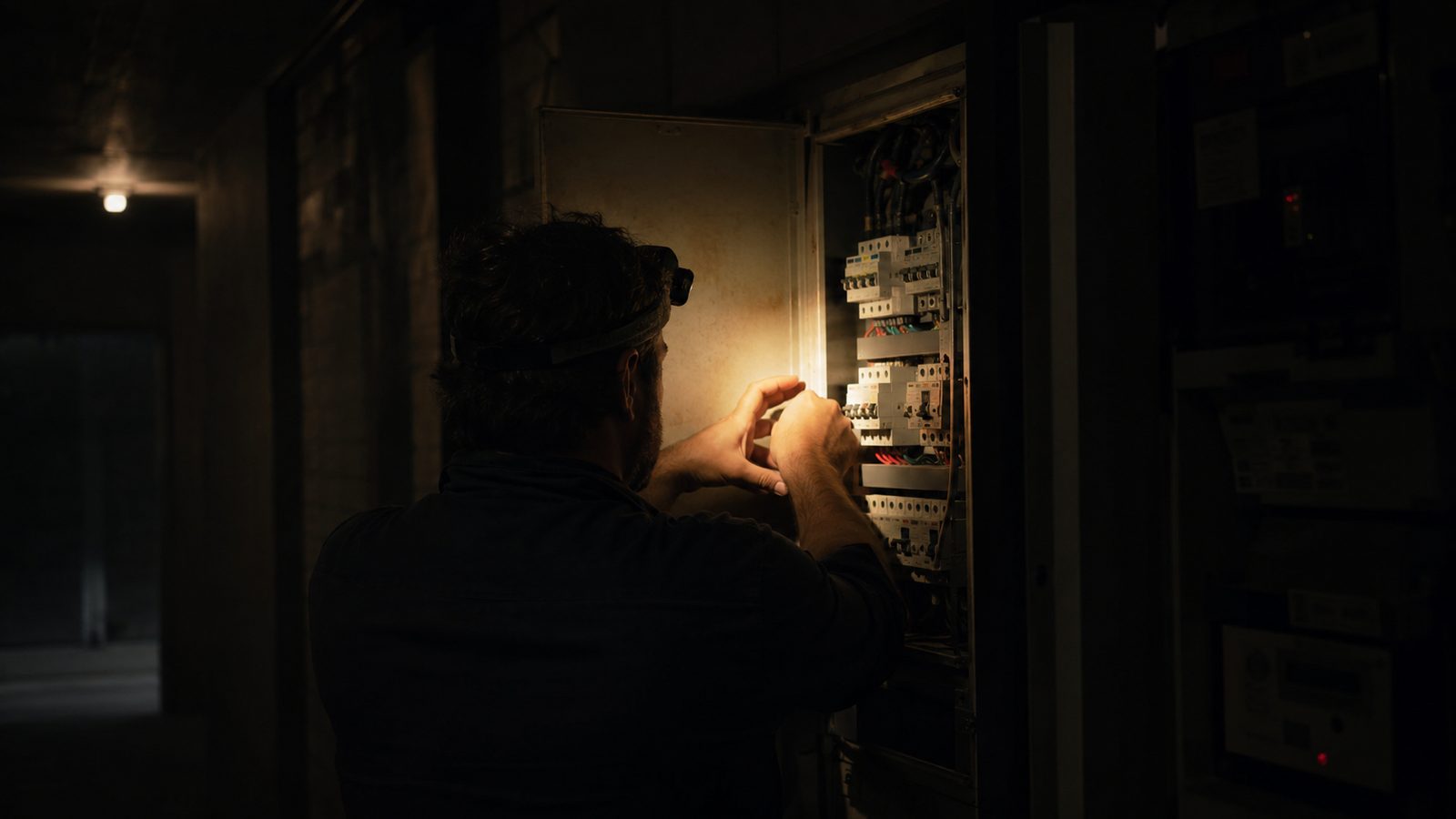 Electrician working in a dim meter room, headlamp glow