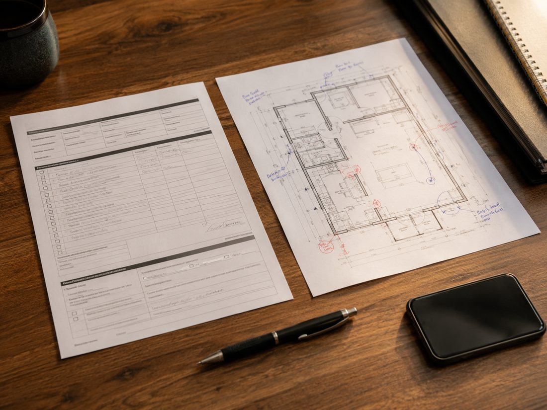 A work order and marked-up floor plan on a desk